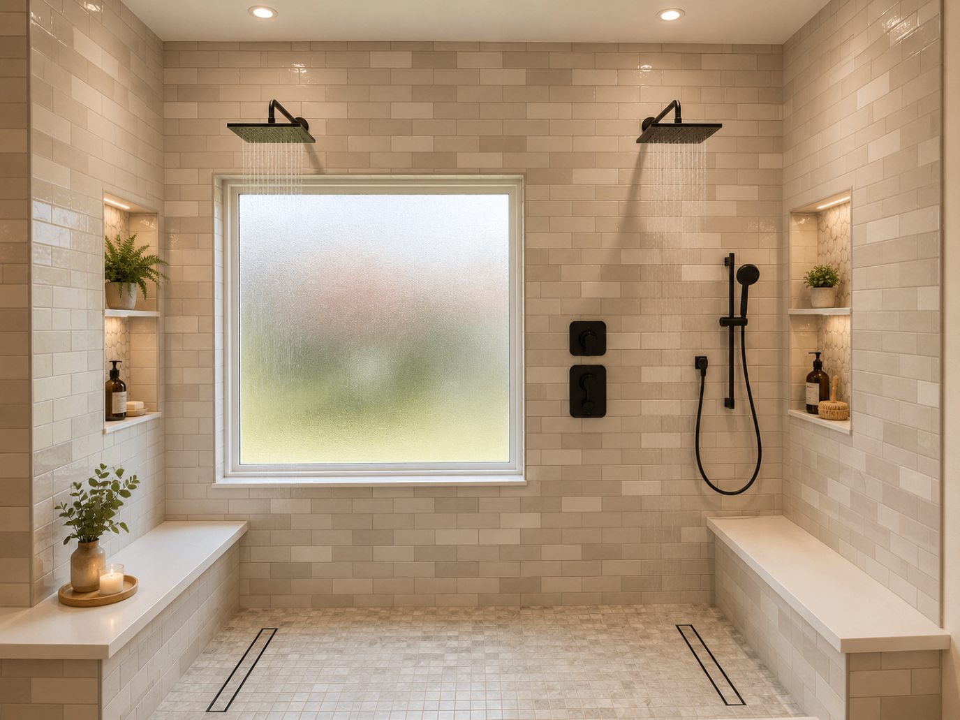 Large walk-in shower with double rain heads, bench seating, and illuminated wall niches.