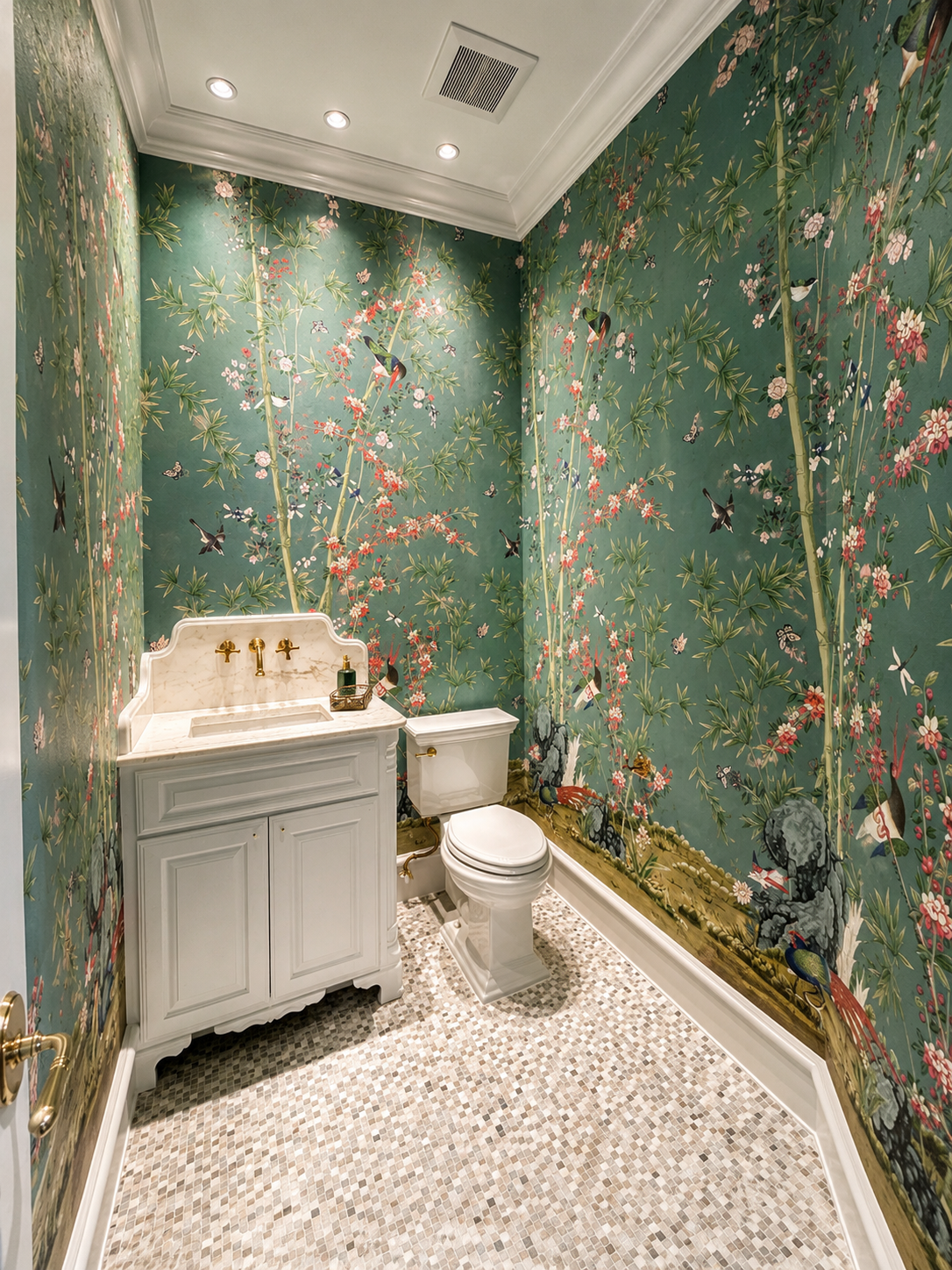 Powder room wrapped in botanical wallpaper with a marble sink and mosaic stone floor.