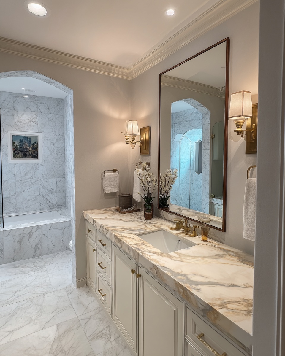 Warm vanity with Calacatta gold marble countertop, arched marble tub alcove, and brass sconces.