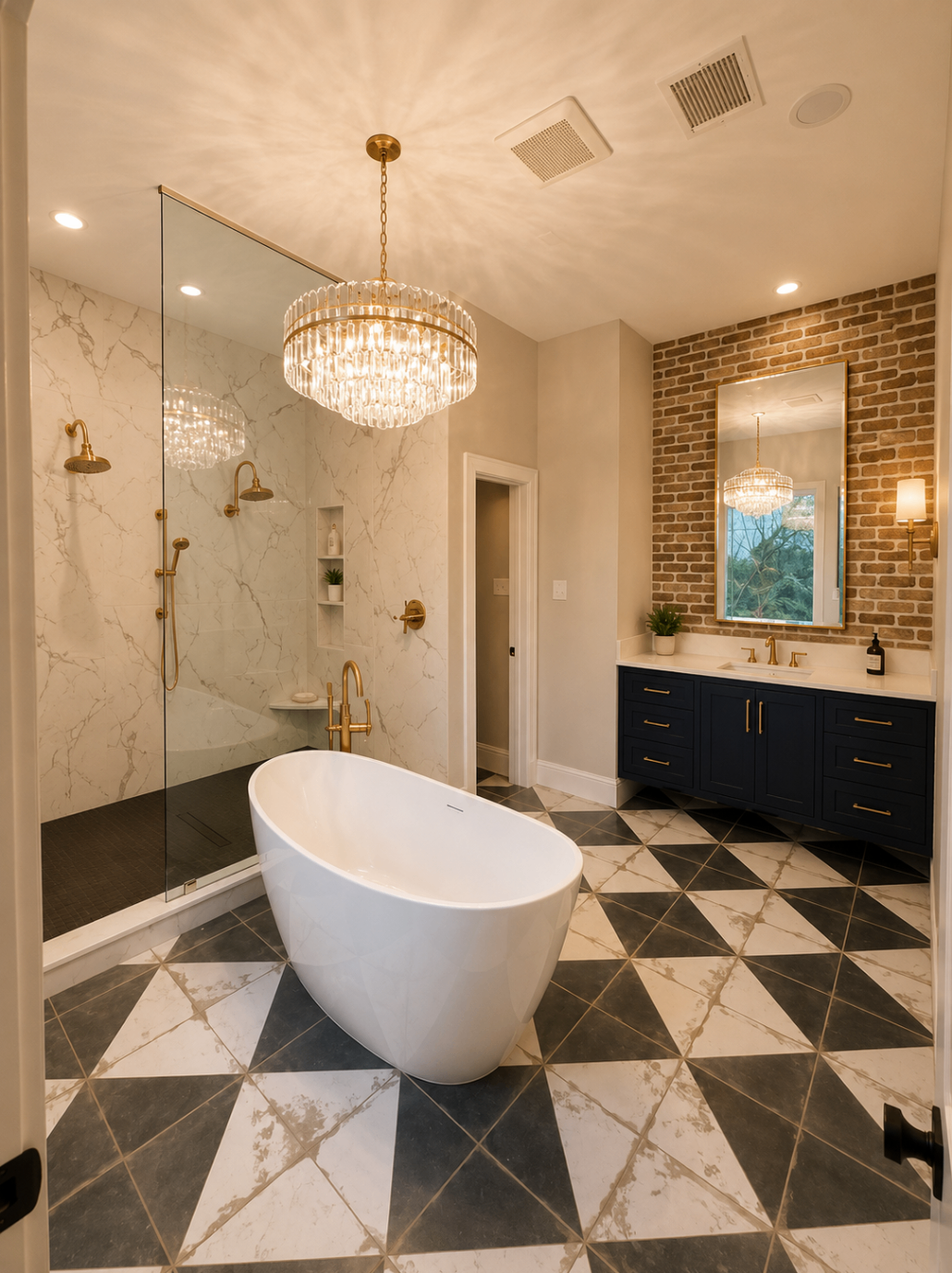 Luxury bathroom with geometric tile flooring, crystal chandelier, navy vanity, and brass fixtures.