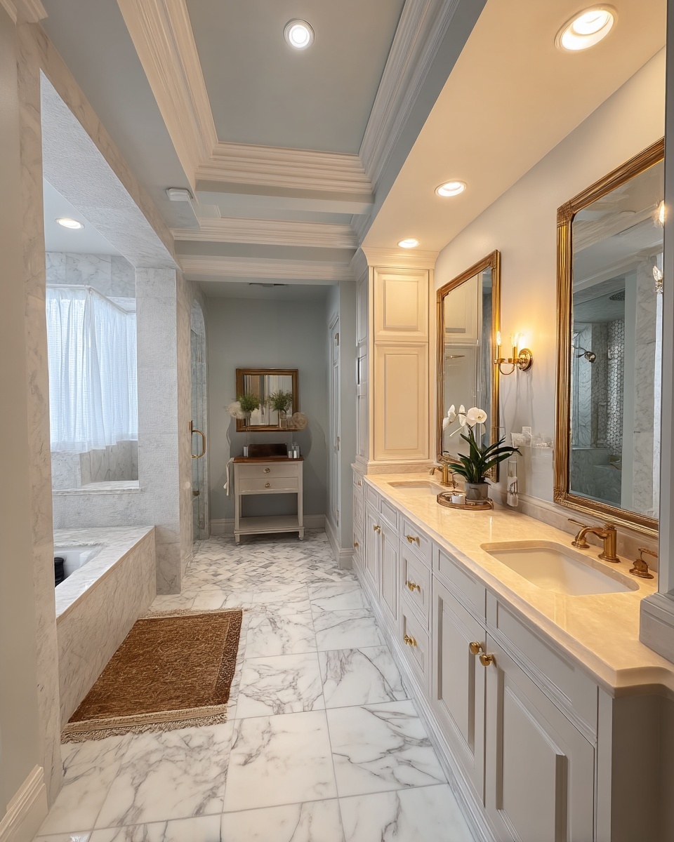 Marble primary bath with coffered tray ceiling, double vanity, brass mirrors, and built-in tub.