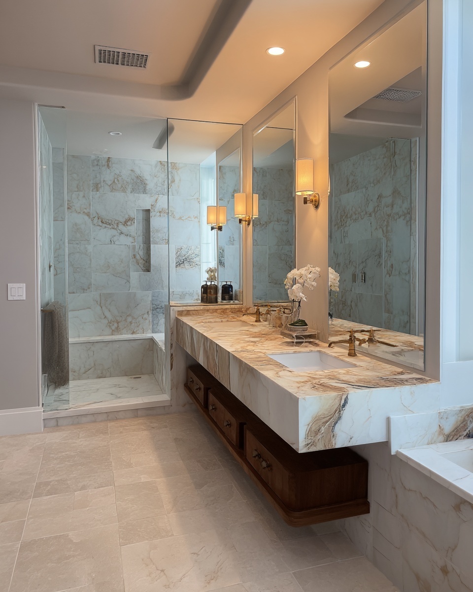 Floating quartzite vanity with walnut drawer base, mirrored wall, and matching marble shower.