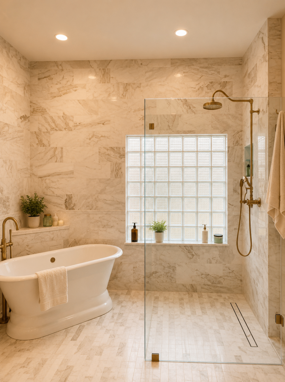 Portrait view of a bright marble bathroom with a freestanding tub and glass block window.