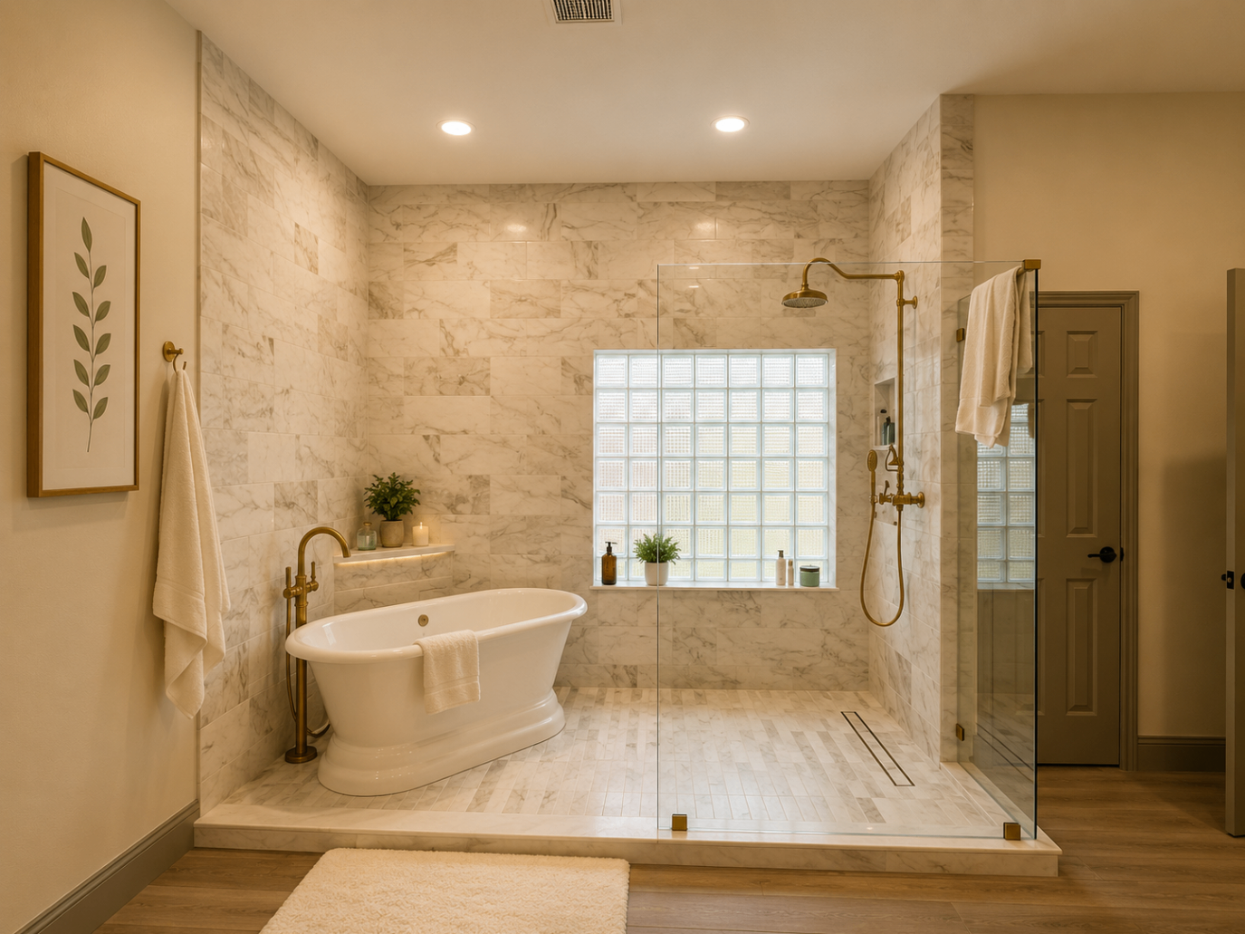 Marble primary bathroom with freestanding tub, glass shower enclosure, and soft ambient lighting.