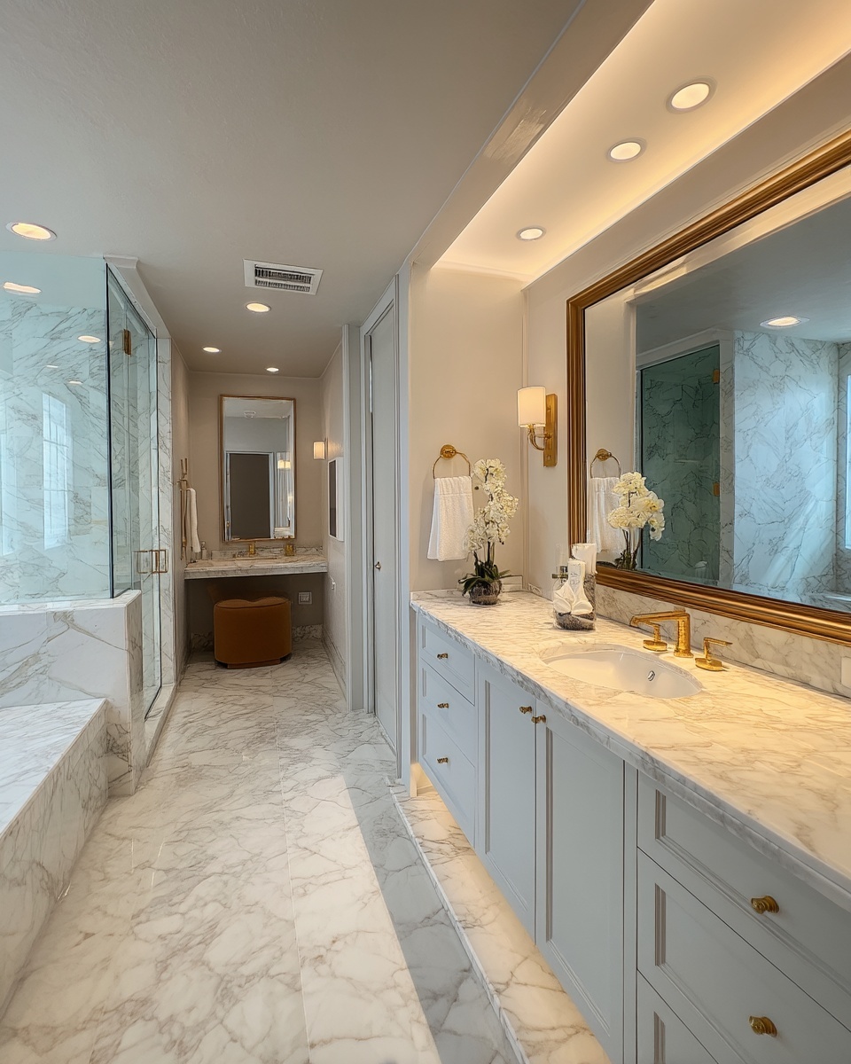 Long marble primary bath corridor with custom vanity, warm brass accents, and a makeup station at the far end.
