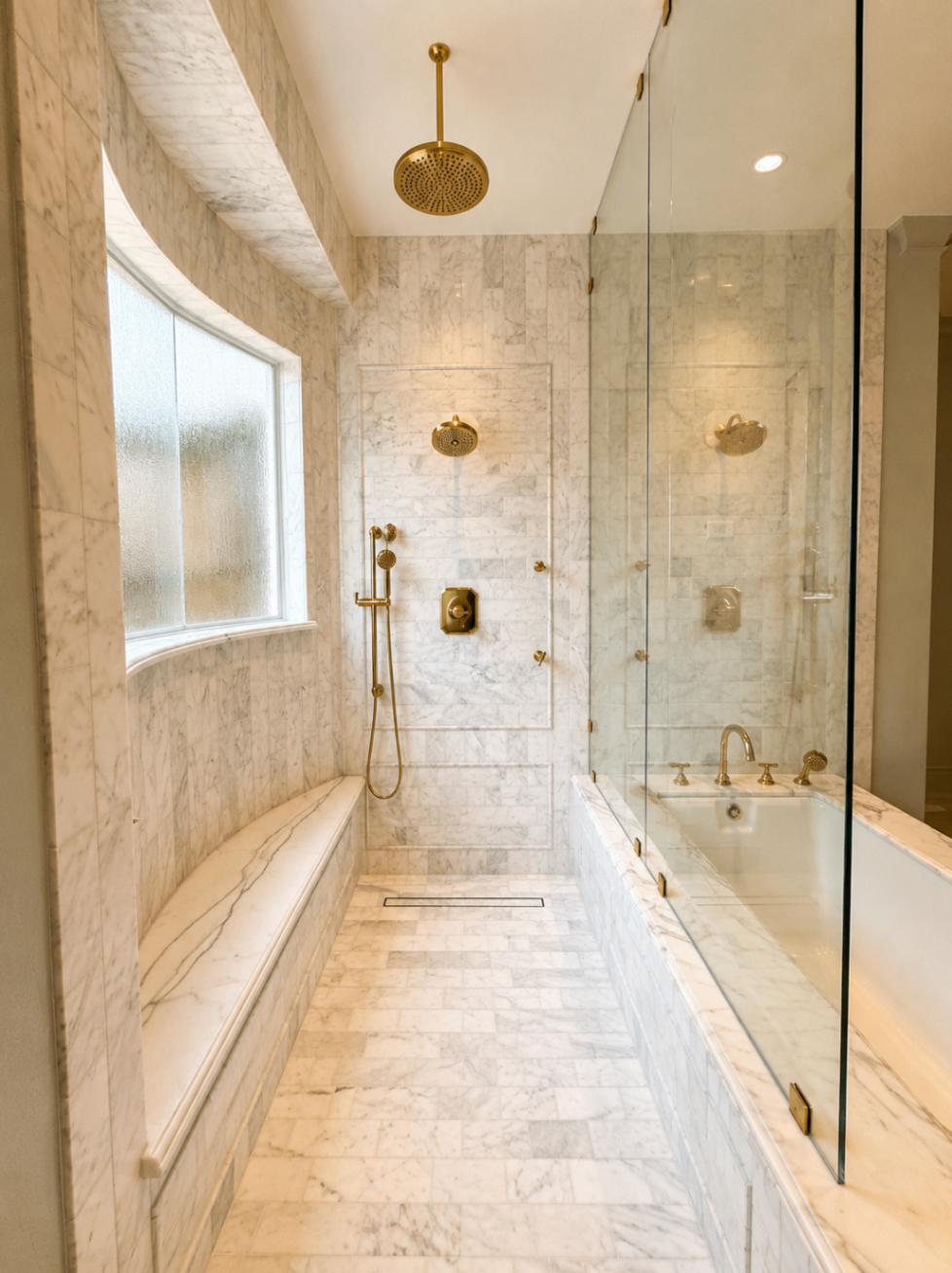 Narrow marble shower room with bench seating, tub surround, and brass rainfall fixture.
