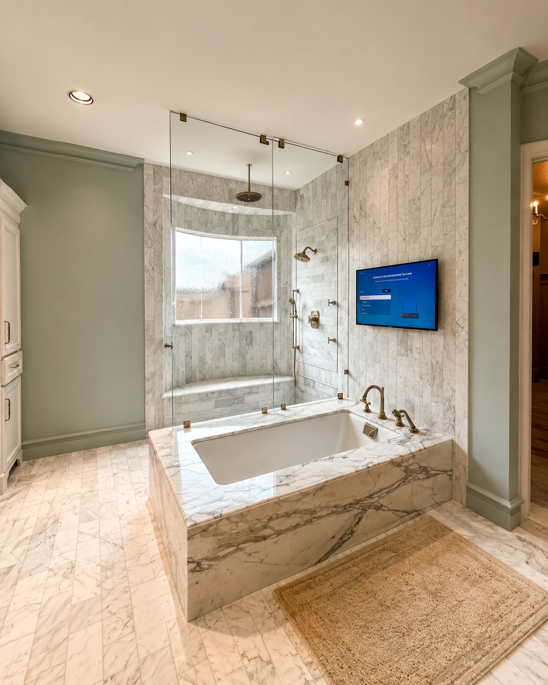 Marble tub and glass shower enclosure with built-in bench, brass fixtures, and a wall-mounted screen.