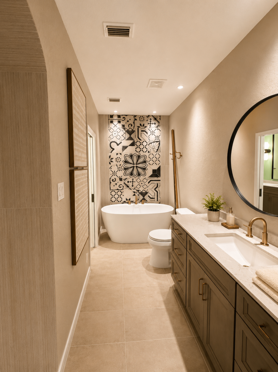 Long bathroom view with custom vanity, freestanding tub, and decorative tile wall at the far end.