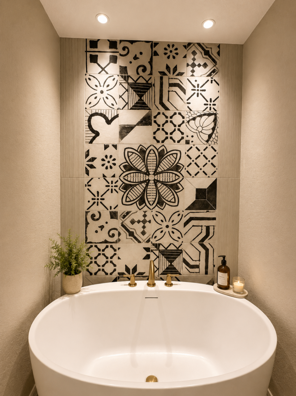 Freestanding tub set against a dramatic black-and-cream patterned tile feature wall.