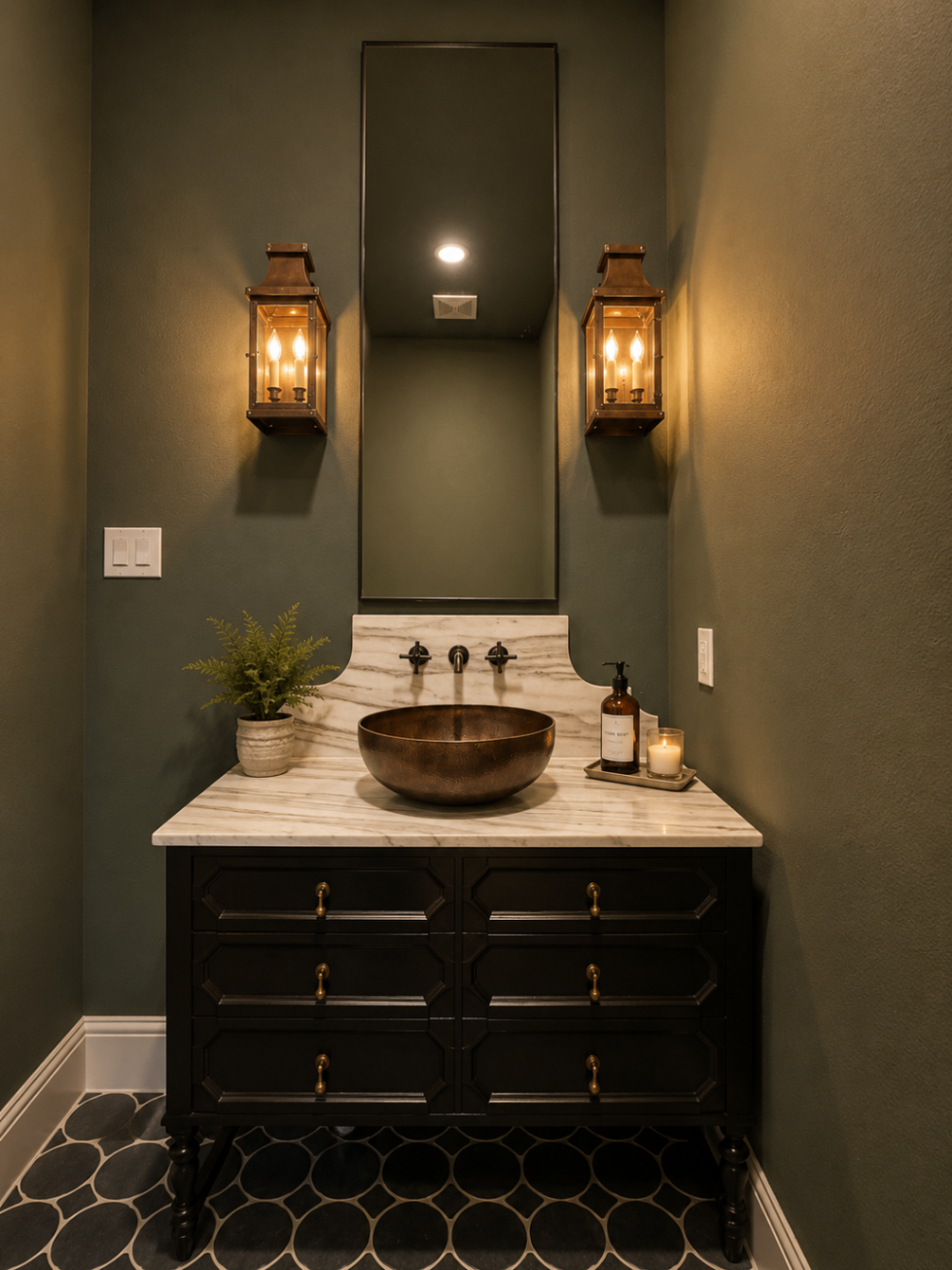 Dark powder room vanity with bronze vessel sink, marble top, and warm lantern sconces.