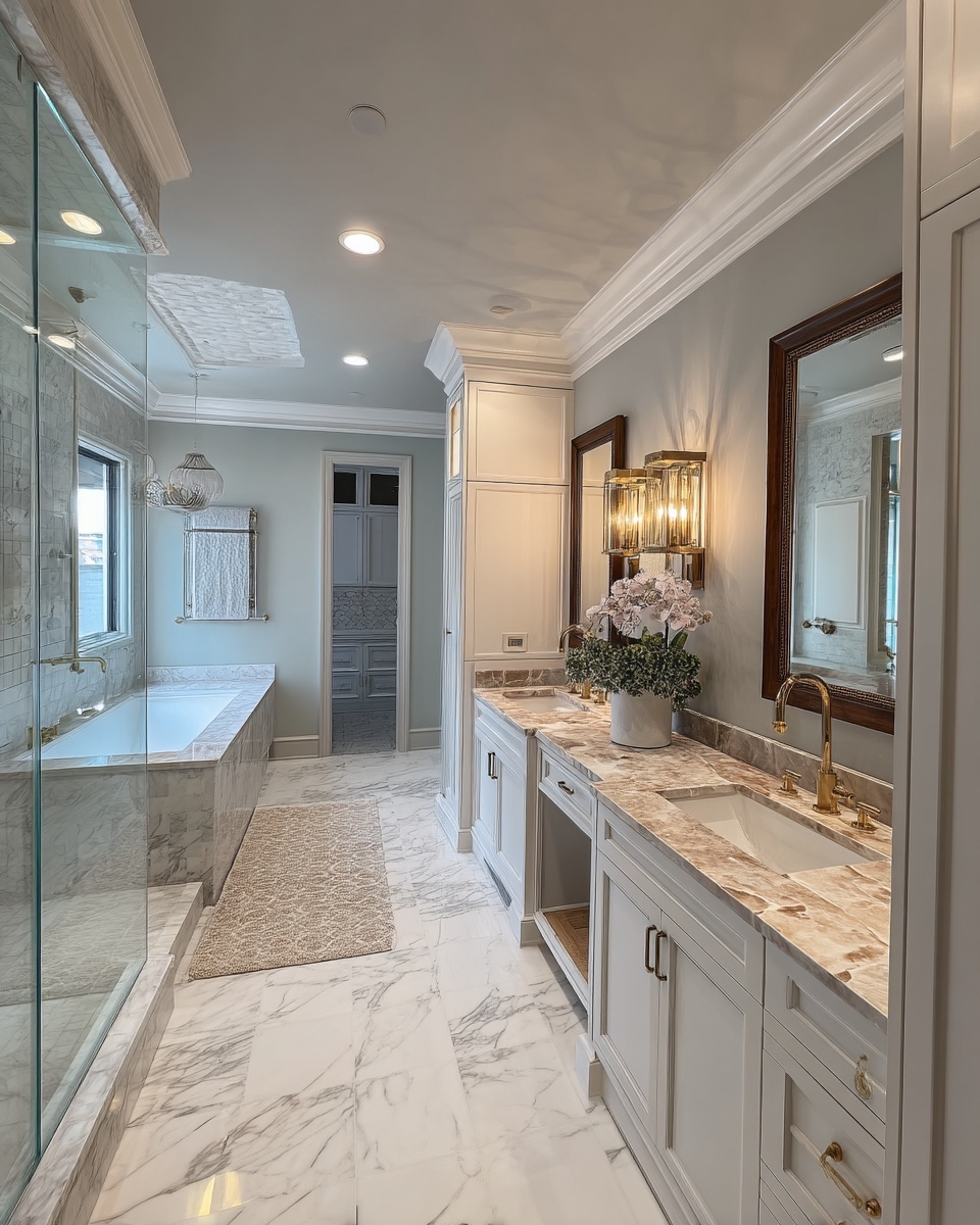 Bright marble bath with quartzite double vanity, crystal sconces, and glass-enclosed soaking tub.