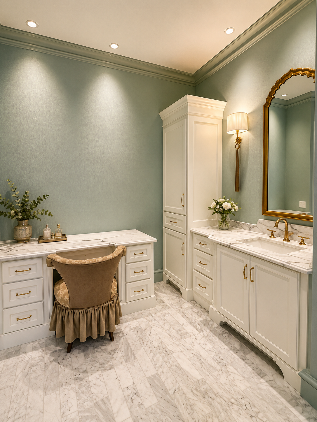 Elegant sage bathroom dressing area with marble floors, seated vanity, and integrated storage tower.
