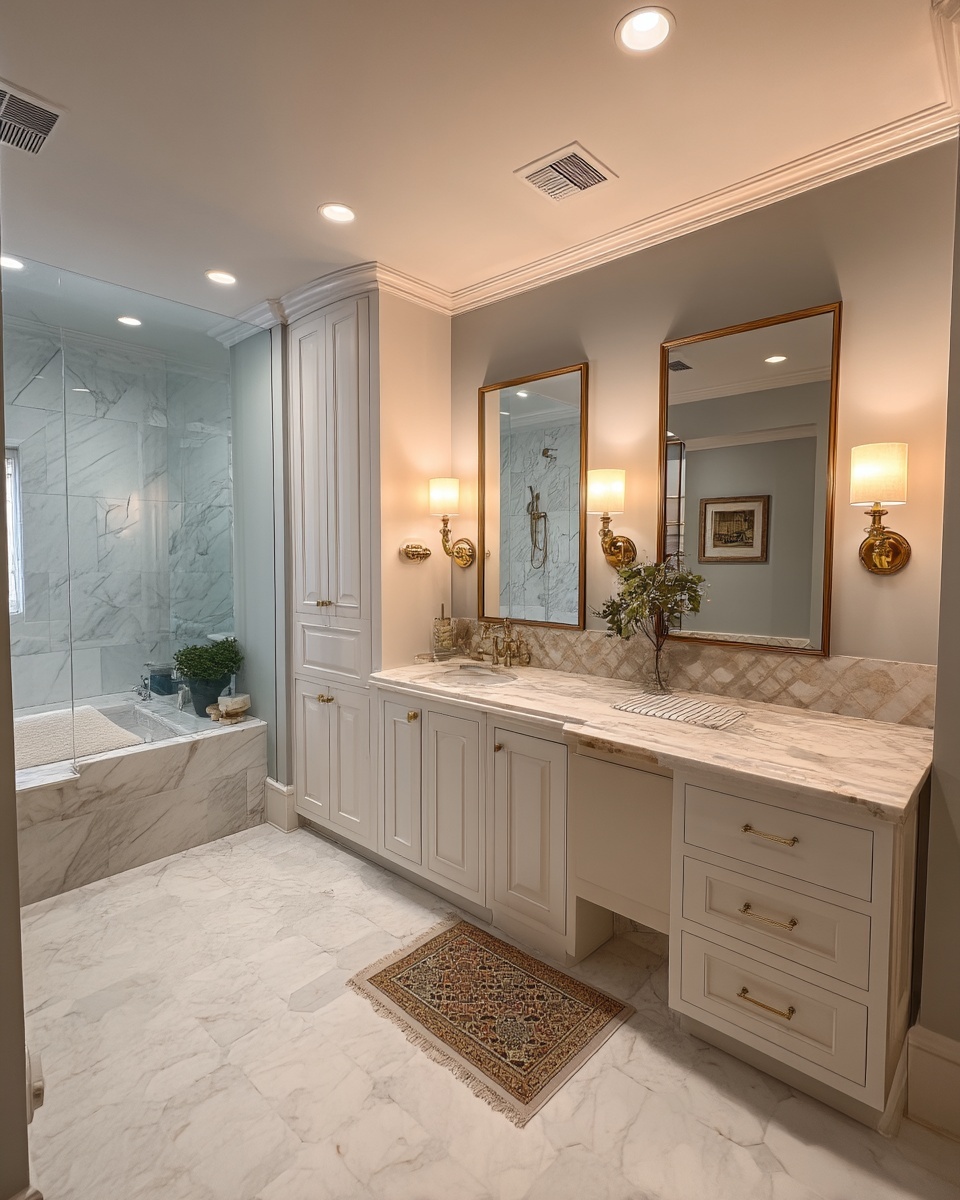 Soft grey marble bathroom with tall mirrors, brass sconces, and a seamless vanity wall beside the shower.