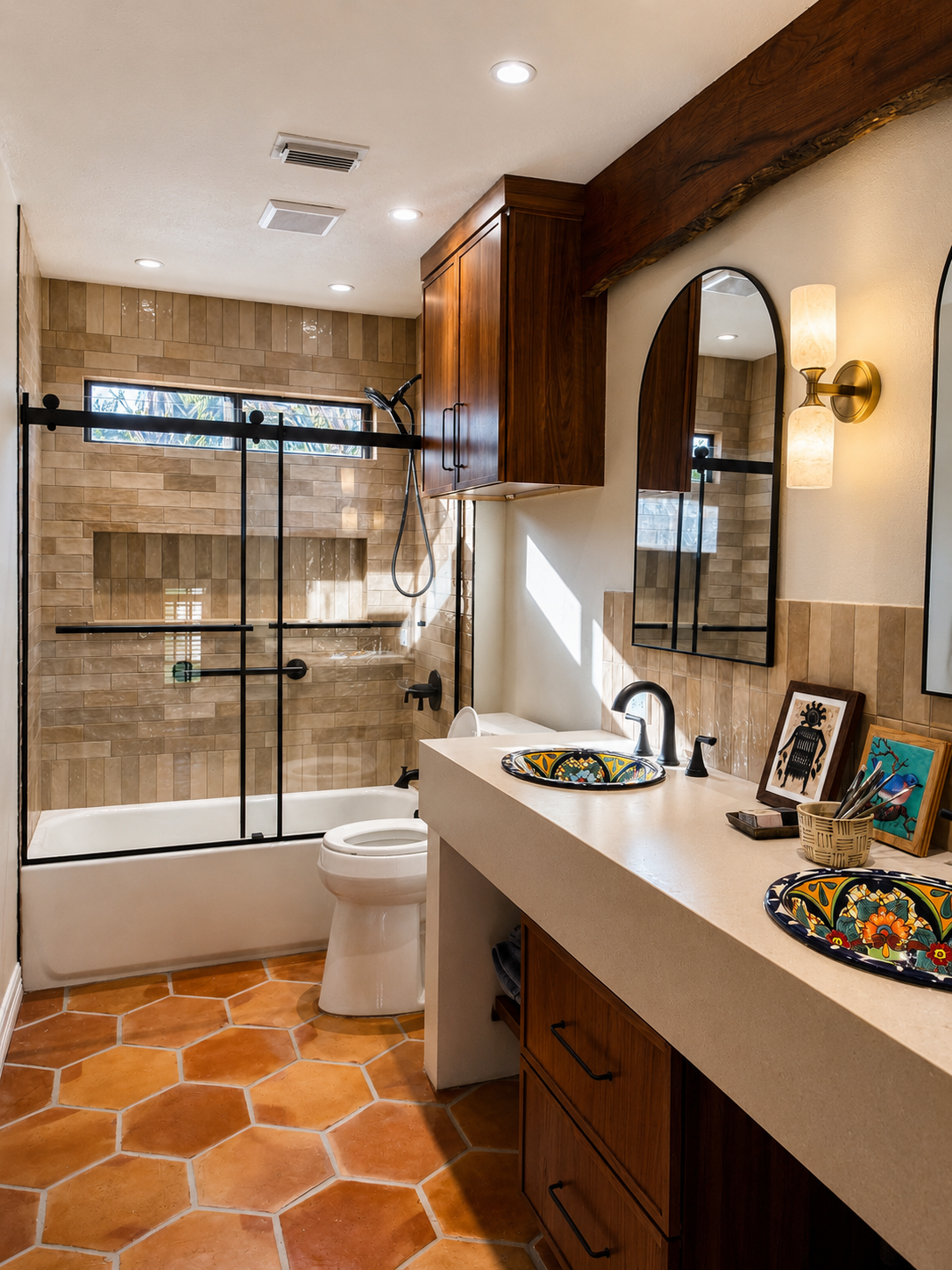 Bathroom with terracotta floor tile, rustic wood beam, arched mirrors, and artisan vessel sinks.