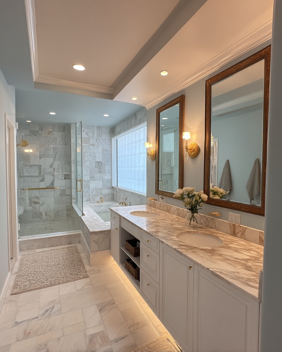 Spa-style bath with tray ceiling, glass block window, marble shower, and twin framed mirrors.
